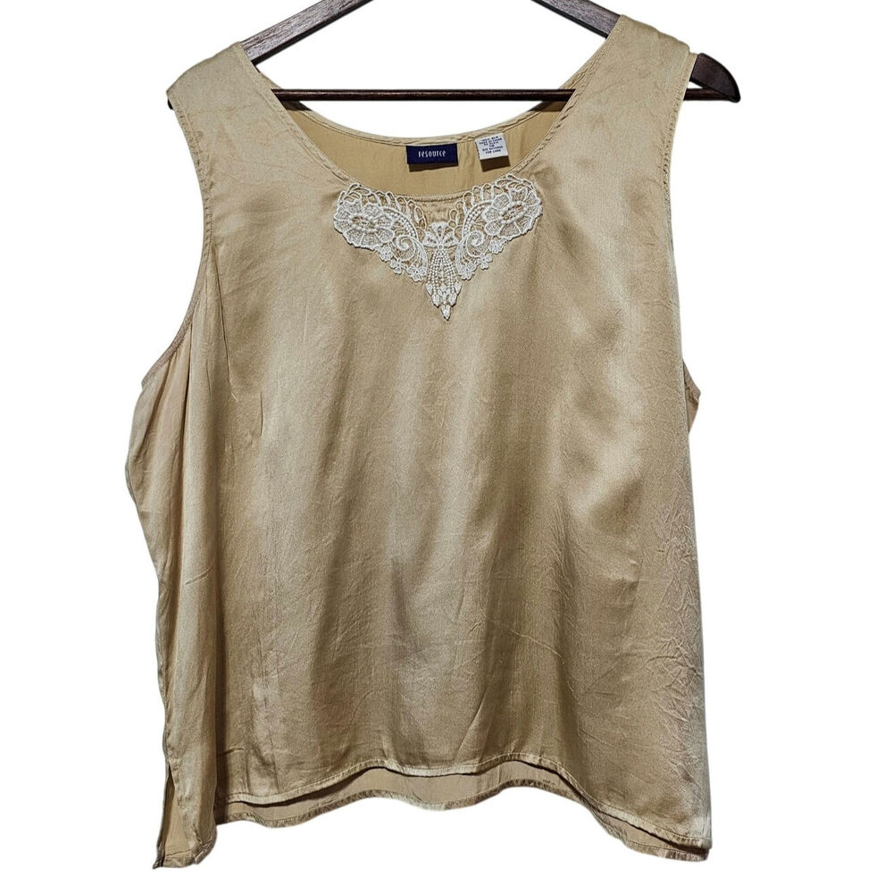 Resource 100% Silk Tank Top Size 18 Tan/Gold Lace Appliqué Neckline Lightweight